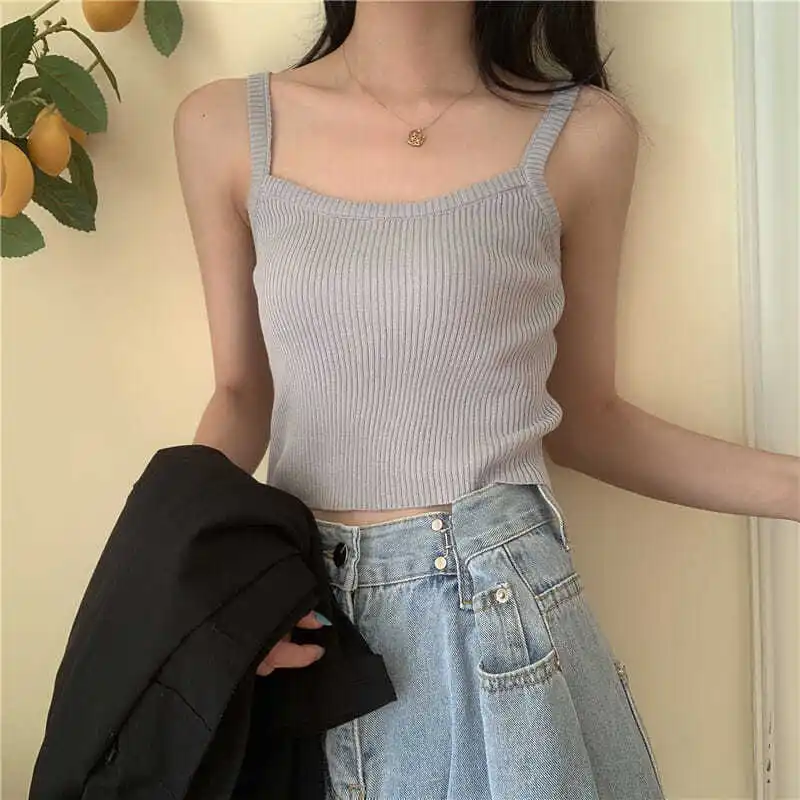 

Korean Fashion Rainbow Striped Knitted Vest Sweet Cute Women Skinny Croptop Tank Tops Summer Solid Sexy Sleeveless Knit Camisole