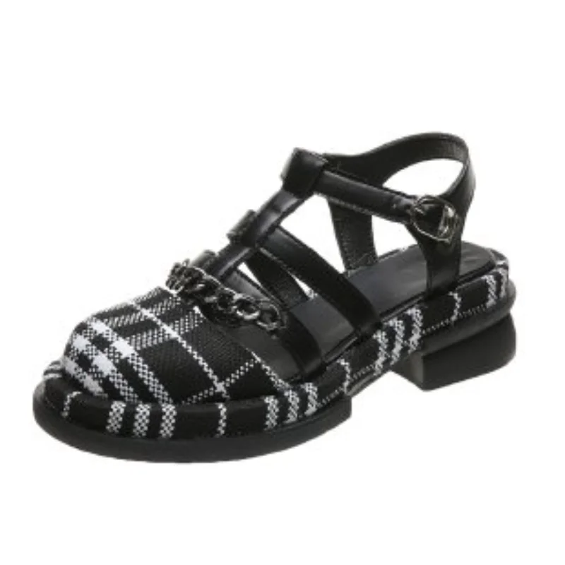 

2021Women Sandals Fashion Leather Shoes Metal Decoration Female Sandals Round Head Thick Crust Muffin Shoes Casual Beach Sandals