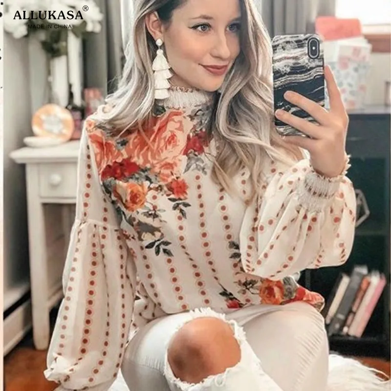 Allukasa Винтаж Цветочный принт крем блузка Для женщин с длинным рукавом и О образным