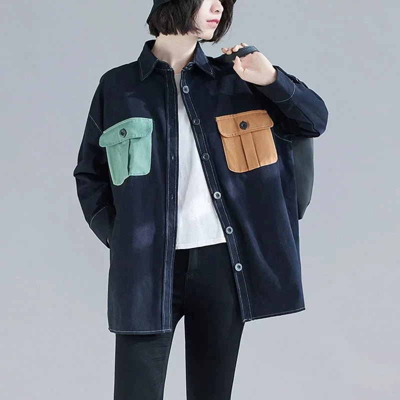 

Plus Size Women Jackets Shirts Casual Loose Button Cardigan Lady Outwear Spring Cotton Windbreaker Female Clothing With Pockets