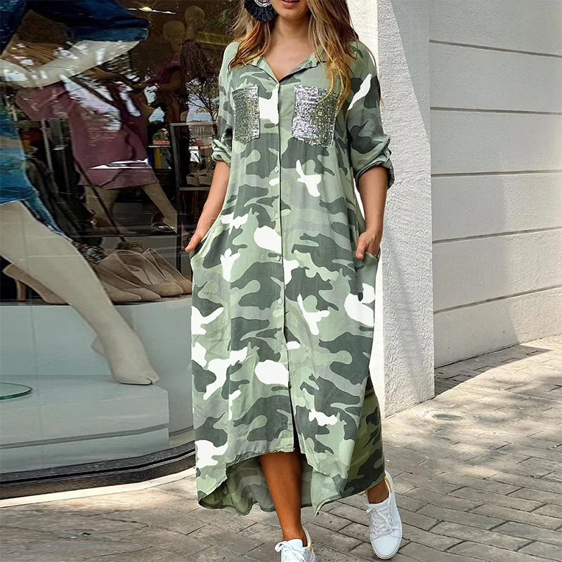 

Casual Camouflage Print Shirt Maxi Dress Elegant Turn-Down Collar Long Sleeve Party Dress Women Sequin Pocket Loose Long Dresses