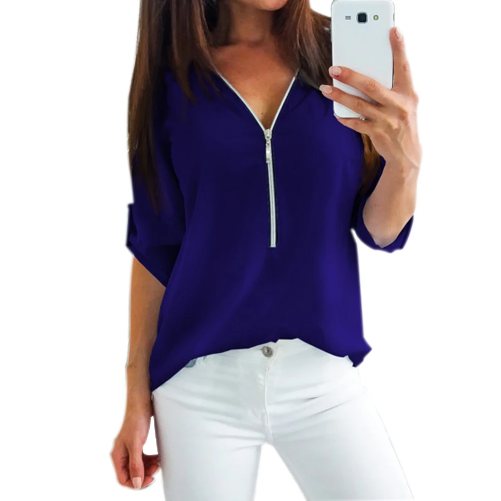 2019 Новая модная женская рубашка на молнии с коротким рукавом летняя облегающая