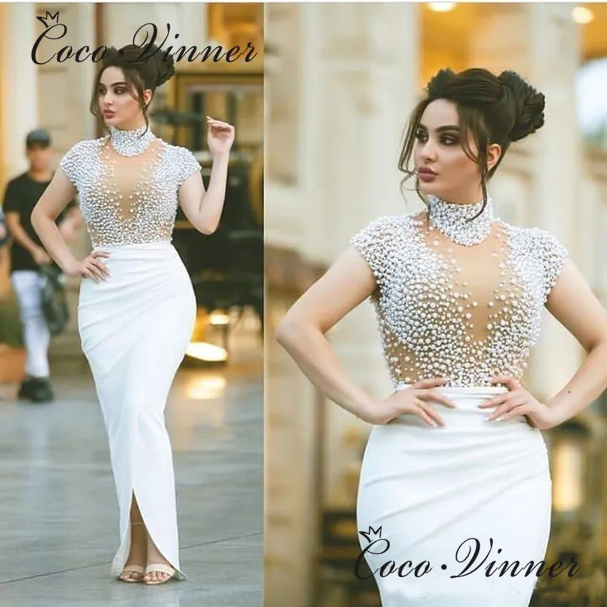 

W0681 Quality Dubai Mermaid Wedding Dress 2020 Heavy Pearls Beaded High Neck Short Sleeves Satin Wedding Dresses Custom Made