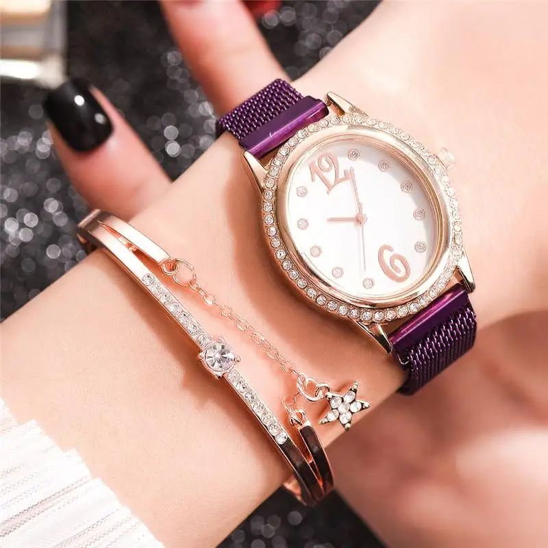 

Simple Fashion Magnetic Buckle Watches Women Qualities Diamond Quartz Watch Mesh Strap Ladies Wristwatches Stainless Steel 10mm