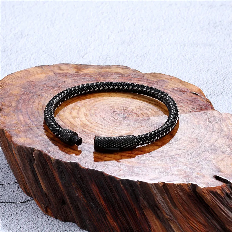 MKENDN новый мужской кожаный плетеный браслет простой черный из нержавеющей стали с