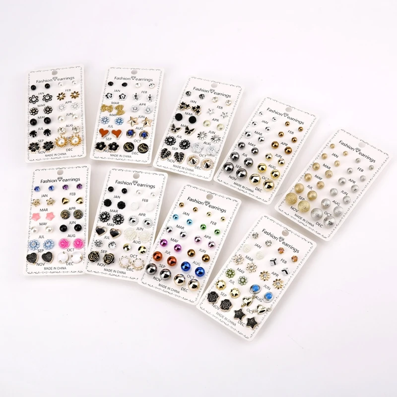 

12 Pairs Stud Earrings Kit for Women Men Flower Heart Star Moon Geometric Leaf Arrow Bow CZ Ball Faux Pearl Earrings Set