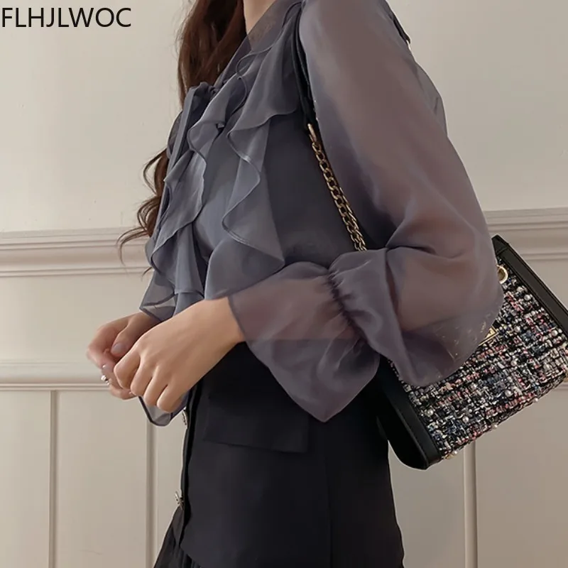 Korea Chic Tops Blusas Bow Tie Office Lady Elegant Bling Thin Sexy Transparent Button White Shirts Flhjlwoc Fashion Women Blouse images - 6