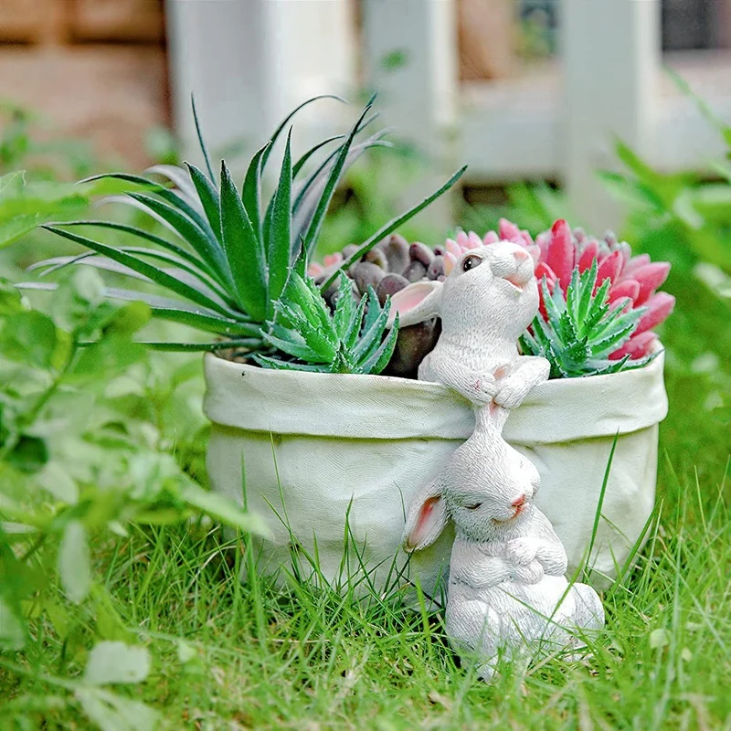 

Мультяшный Карманный цветочный горшок с кроликом, суккуленты, зеленый маленький бонсай, цветочный горшок в форме животного из смолы