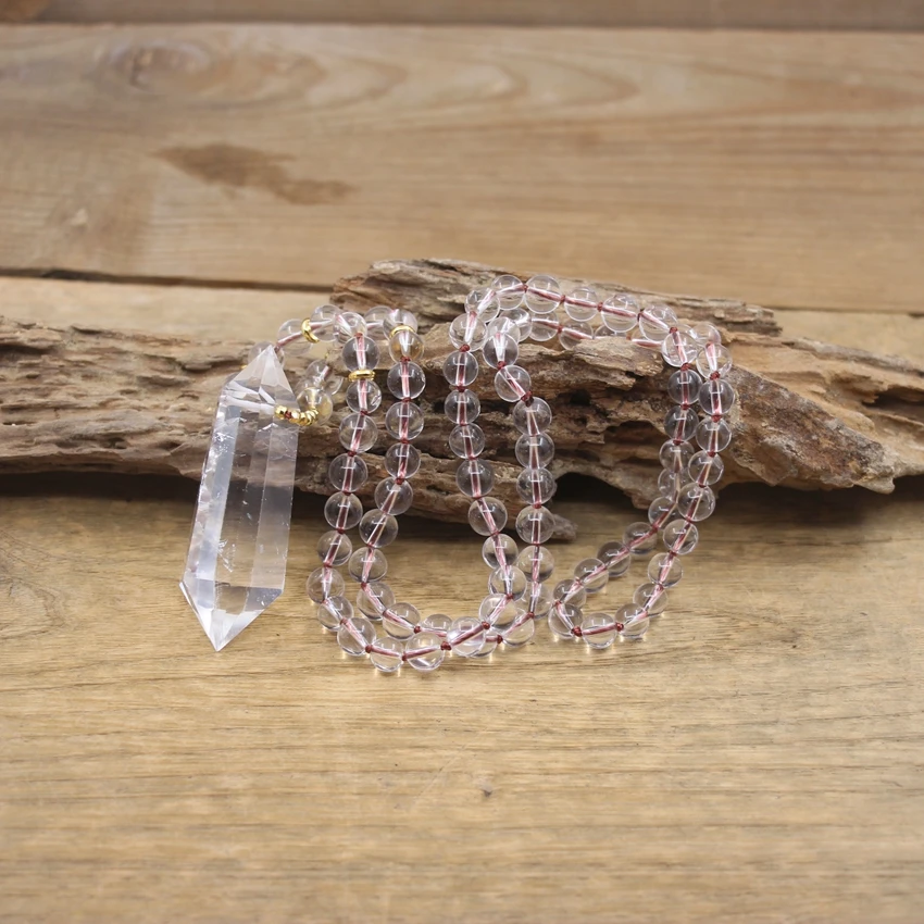 

Natural Clear Crystal Round Beads Knotted Handmade Necklace White Quartz Double Point Pendants Yoga Mala Prayer Jewelry,QC0143