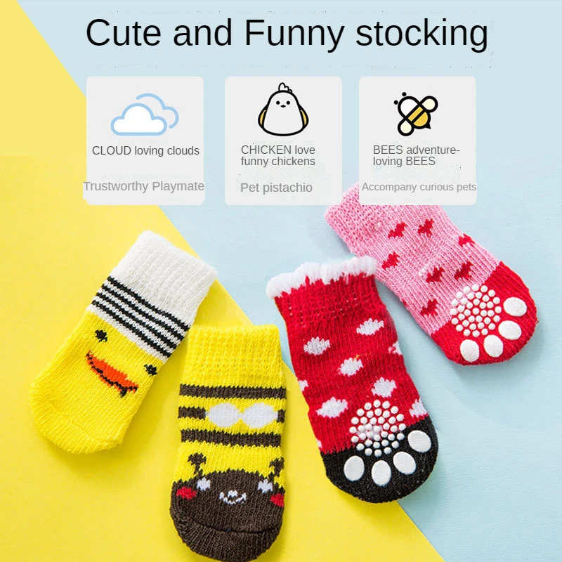 

4 Pcs Pet Socks High Quality Non Slip Bottom Small Dog Socks Dog Foot Cover Teddy Poodle Cotton Socks Dog Clothes Accessories