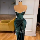 Женское вечернее платье, изумрудно-зеленое атласное платье-Русалка на тонких бретелях, с кристаллами, для свадьбы, выпускного вечера