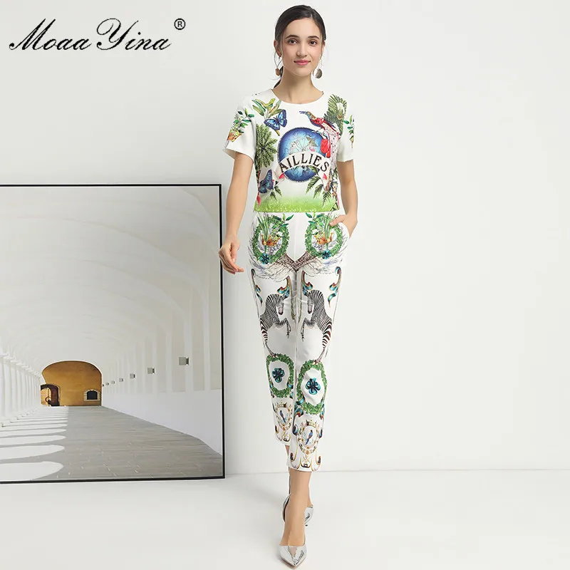 MoaaYina Fashion Designer Set Spring Summer Women Short sleeve Beaded Rainforest Print Tops+3/4 pants Vintage Two-piece set | Женская