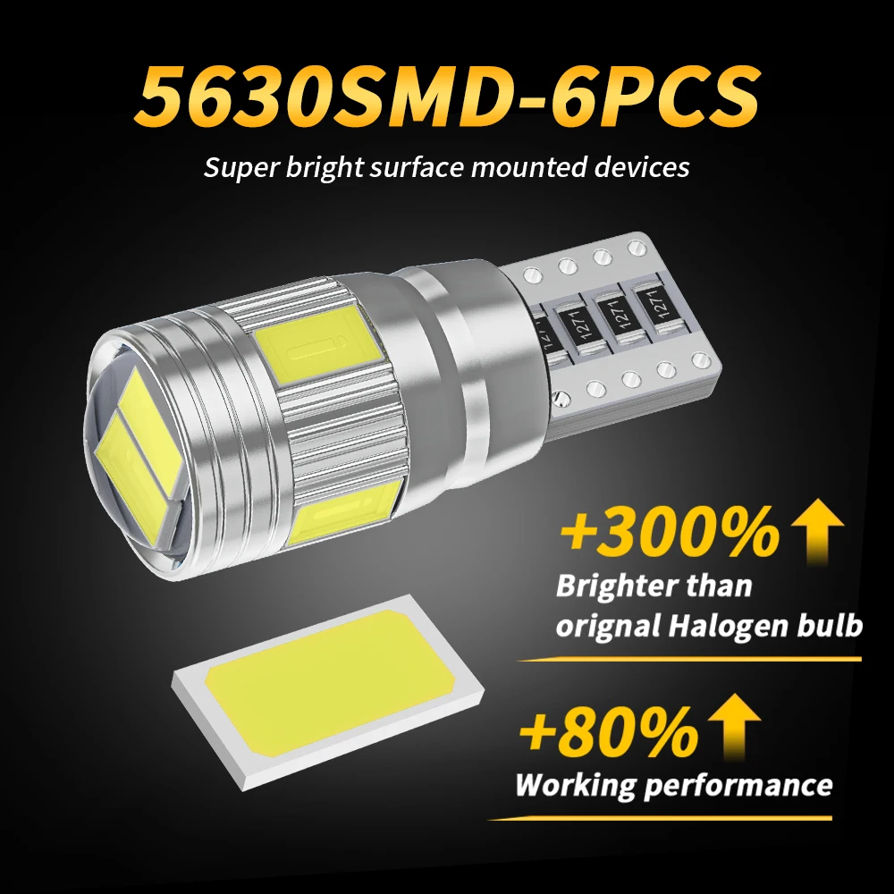 Светодиодная лампа Canbus T10 W5W 2 шт. без ошибок 12 В 6000K 5630 6SMD с клиновым цоколем |