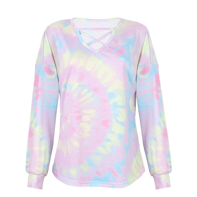 

Spring and Summer New 2021 European and American Fashion Tie Dye Printing Long Sleeve Loose Casual Top T-shirt for Women