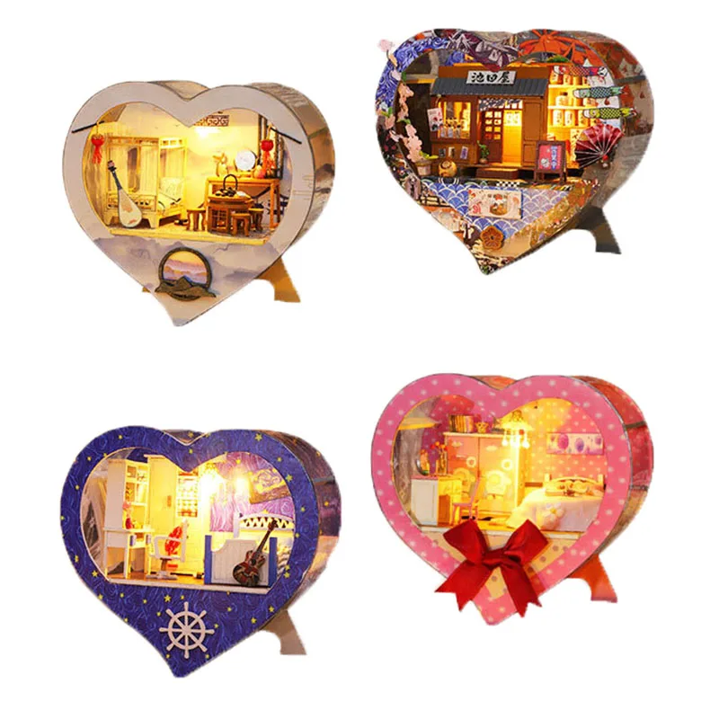 

DIY Wooden Doll House Miniature Furniture With LED Kit Heart-shaped Hut Dollhouses Assemble Toy for Children Christmas Gift Casa