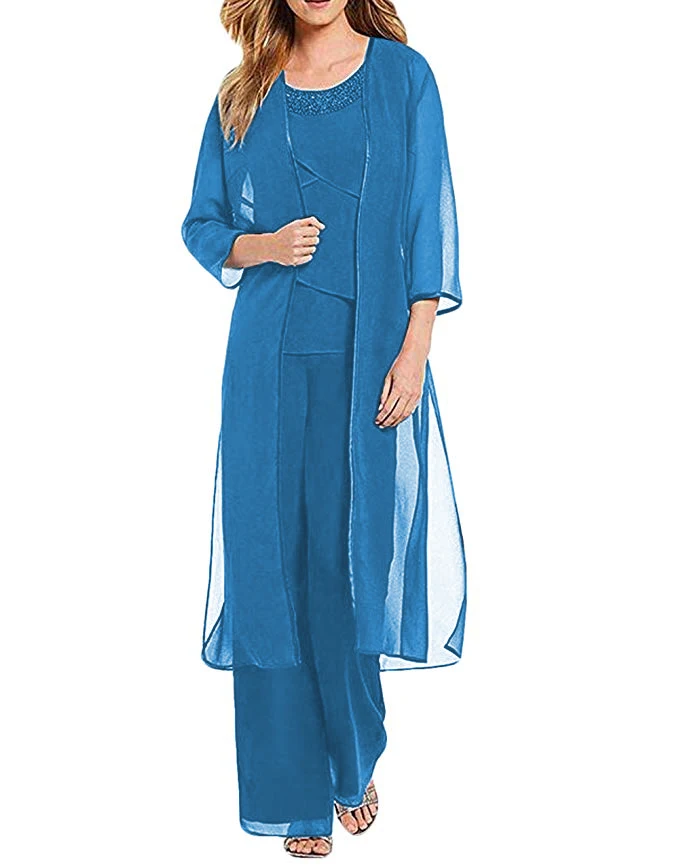 blue Женский комплект из 3 предметов, шифоновое платье для матери невесты, брюки, костюм с курткой, наряд с рукавами 3/4 для свадьбы - Цвет: blue