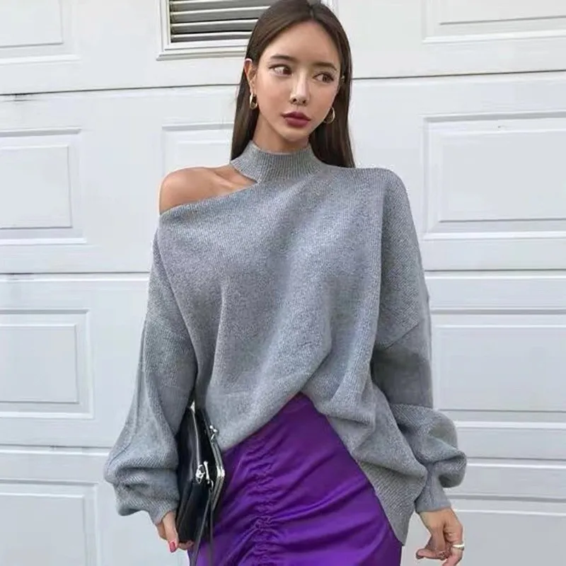 H New fashion Female Off-shoulder halter Slim Bottom Sweater Solid Color Loose Split Long-Sleeved Autumn Winter Women - Цвет: H