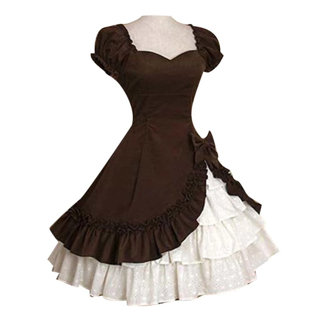 Lolita Women Medieval Ruffle Tiered Bow Dress Short Sleeve Party Ball Gown | Женская одежда