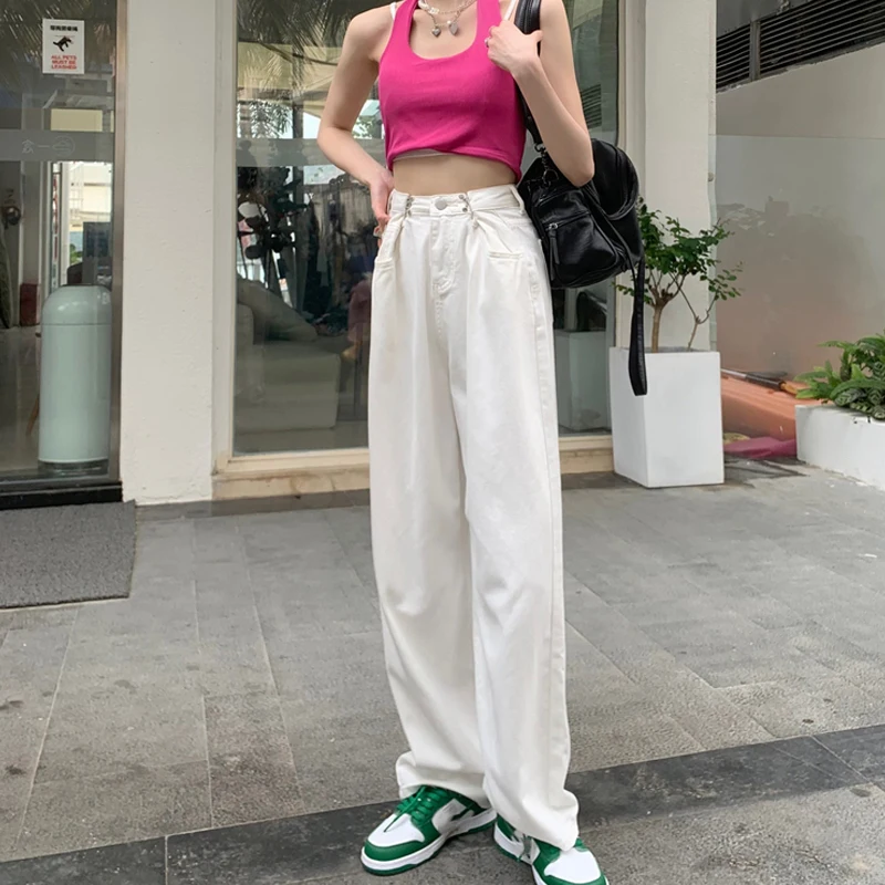 

KUSAHIKI Demin Pants Women Korean High Waist Long Trousers Causal Solid Jeans Wide Leg Pants Pantalones De Mujer 6G923