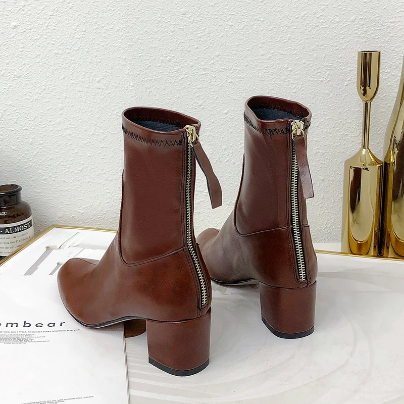 2021 Women Boots Flock Ankle Round Toe Winter Ladies Party Western Stretch Fabric Big Size 33-43 | Обувь