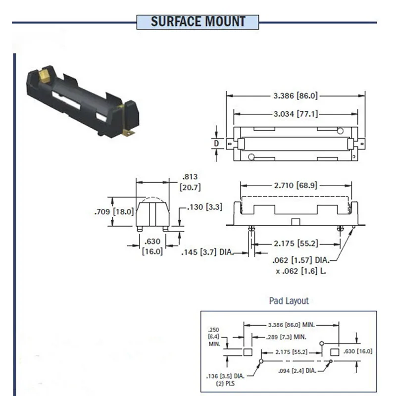 2x 18650 Батарейный держатель SMD SMT Корпус для батарей Хорошее хранение коробки W/ Бронзовые штыри E-сигарета аккумуляторная оболочка.