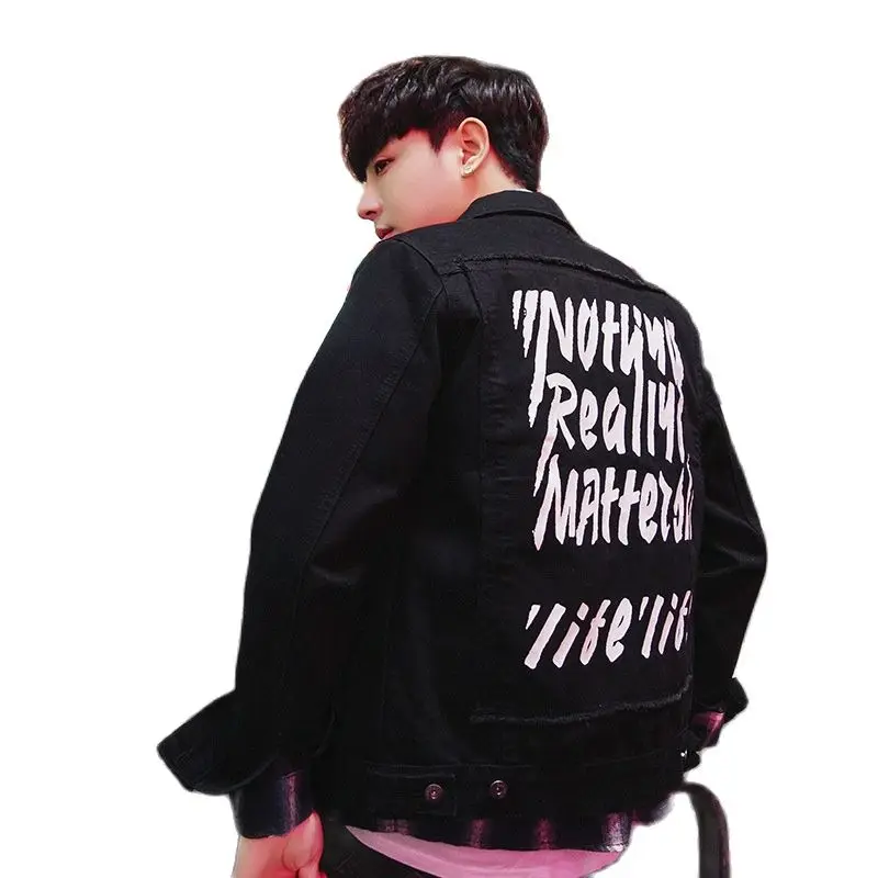 

Spring Autumn 2021 Denim Coat Male Youth Clothes Korean Letter Printed Slim Handsome Student Black Streetwear Jacket Men