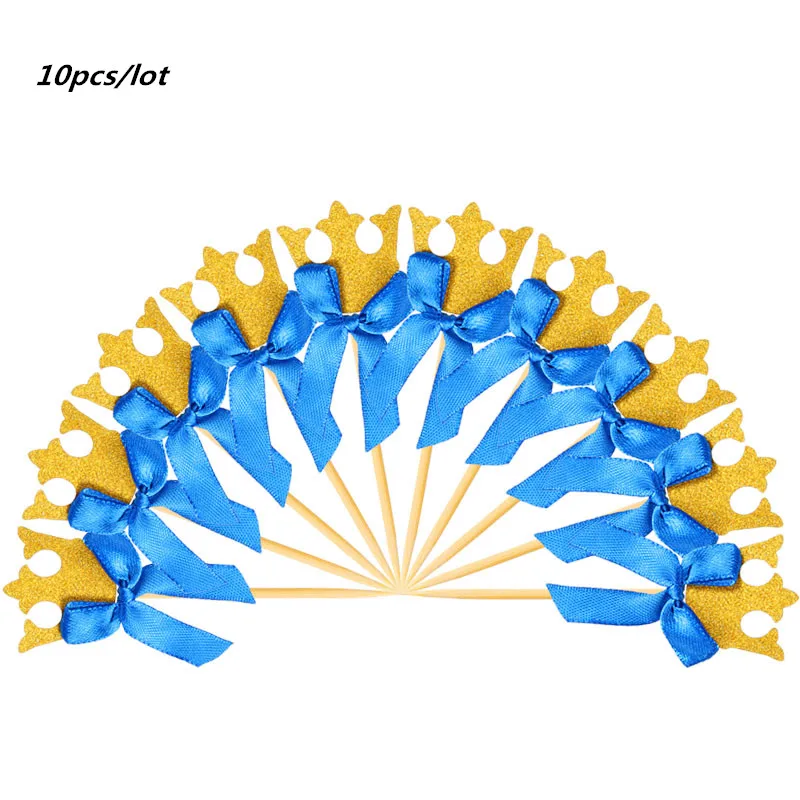 10pcs blue crown 10 шт./упак. мультфильм золото/Розовая лошадка кекс фигурки жениха и невесты; Свадебные украшения Baby Shower День рождения расходные материалы - Цвет: 10pcs blue crown