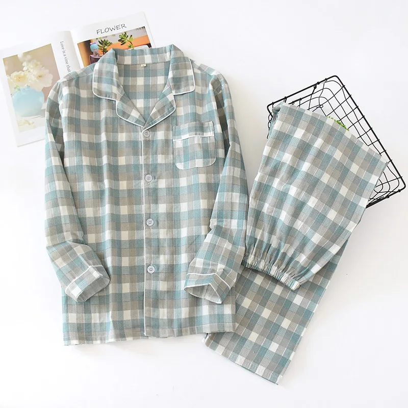 

Spring Autumn Lovers Pajamas Sleep Set Soft Cotton Gauze Sleepwear Nightwear Casual Loose Bathrobe Plaid Long Sleeve Homewear