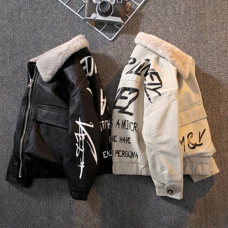 Куртка зимняя из ПУ кожи для мальчиков утепленная черная Свободная куртка с