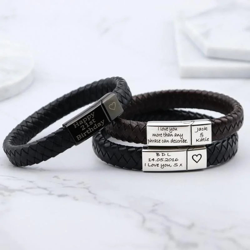Personalized Men Braided Woven Genuine Leather Bangle Stainless Steel Custom Engraved Name Date Charm Bracelet Birthday Gift engraved signature charm silver bracelet customized handwritten on tag bangle personalized fashion gift jewelry