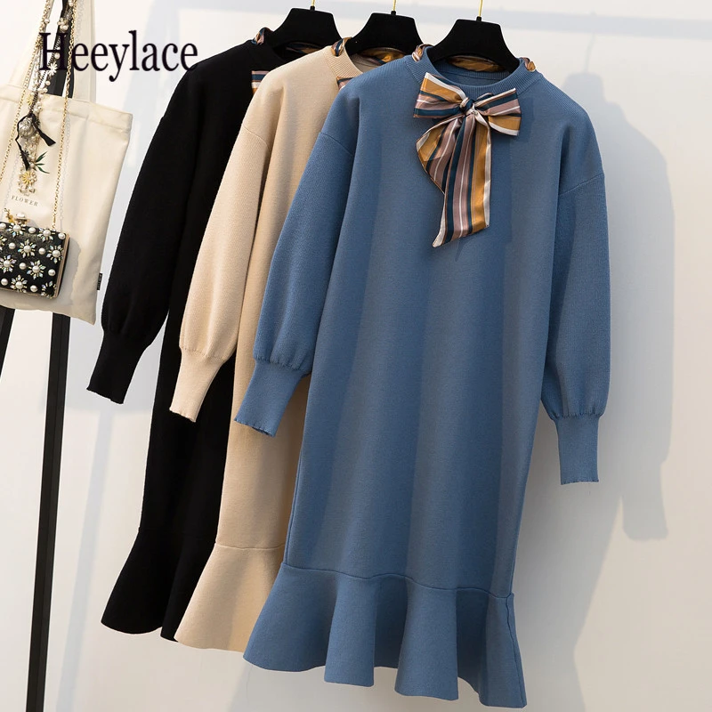 Женское Повседневное трикотажное платье свитер большие размеры Осень зима