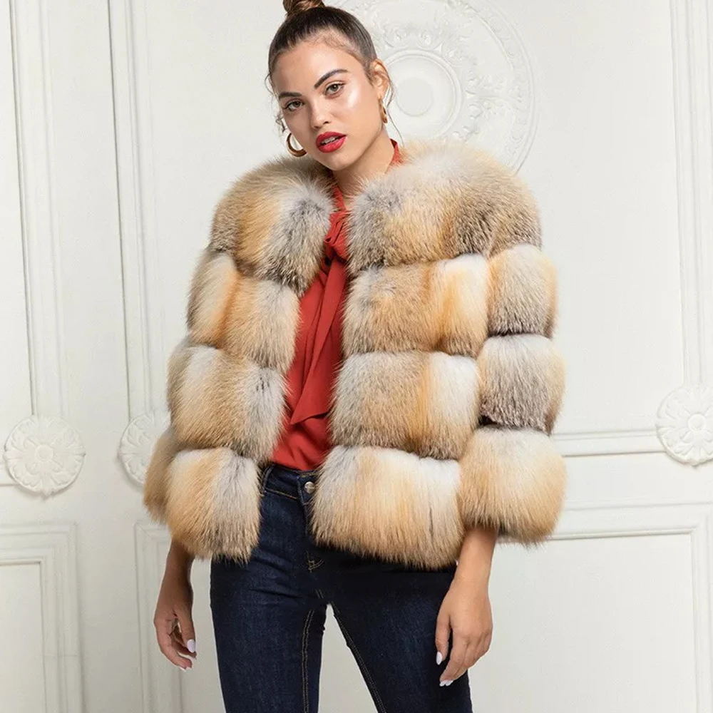 

Winter Fashion Real Fox Fur Coats Short High Quality Whole Skin Genuine Gold Island Fox Fur Jackets Trendy Woman Overcoats 2021