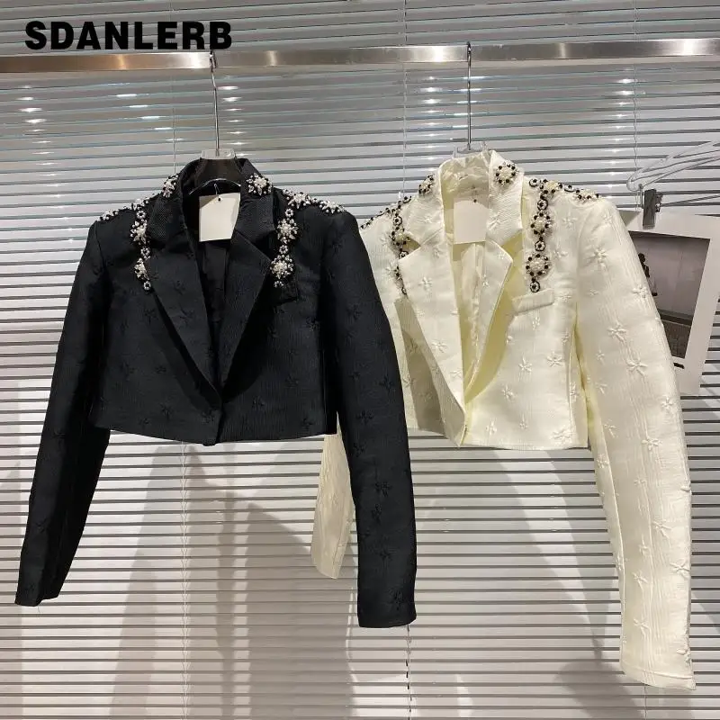 

2021 Autumn New Handmade Beaded Design Dark Flower Short Coat Business Suit Longs Leeve Office Lady Solid Color Tailored Suit