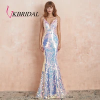 vkbridal sparkly evening dresses 2019 sexy backless illusion v neck pink sequin long prom party formal gowns