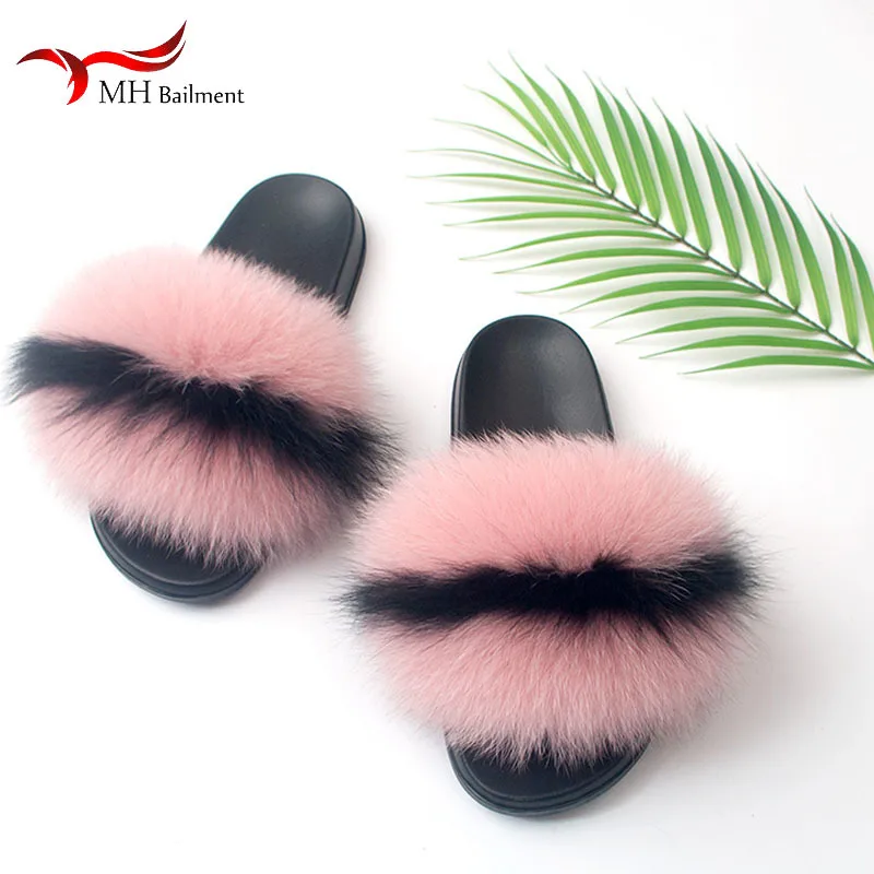 

Summer Women Fashion Real Fox Fur Slides Indoor Furry Home Slippers Girls Outdoor Fluffy Sandals Flat Shoes Woman