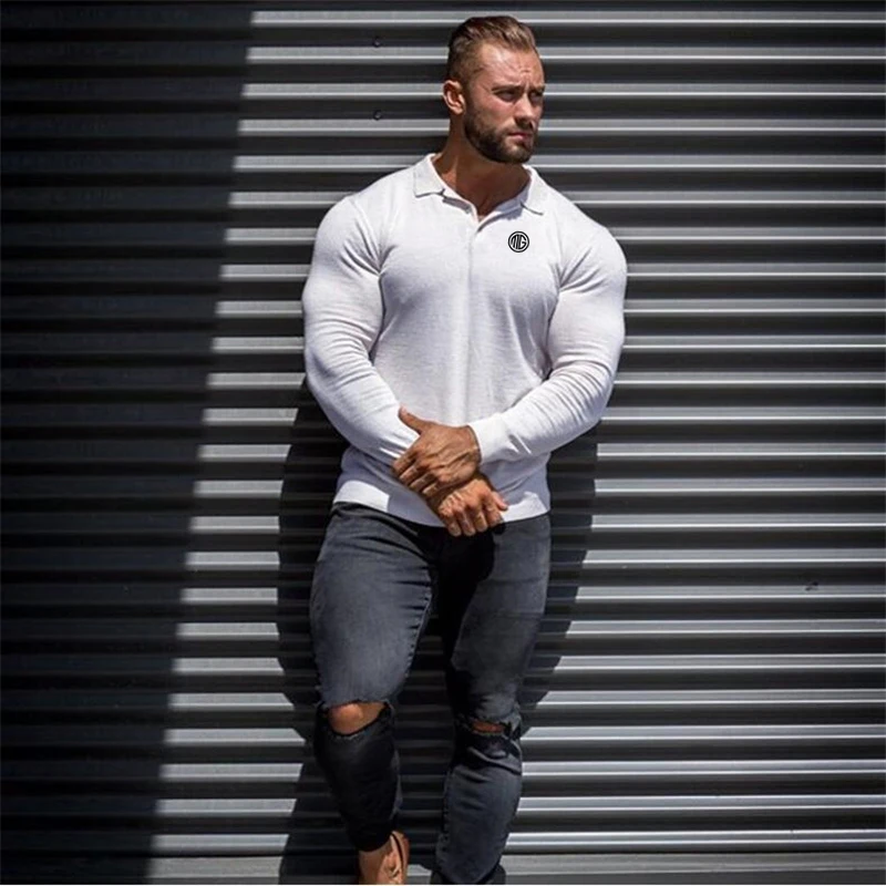 Бренд бег с длинным рукавом Фитнес рубашка поло для мужчин camisa masculino спортивные