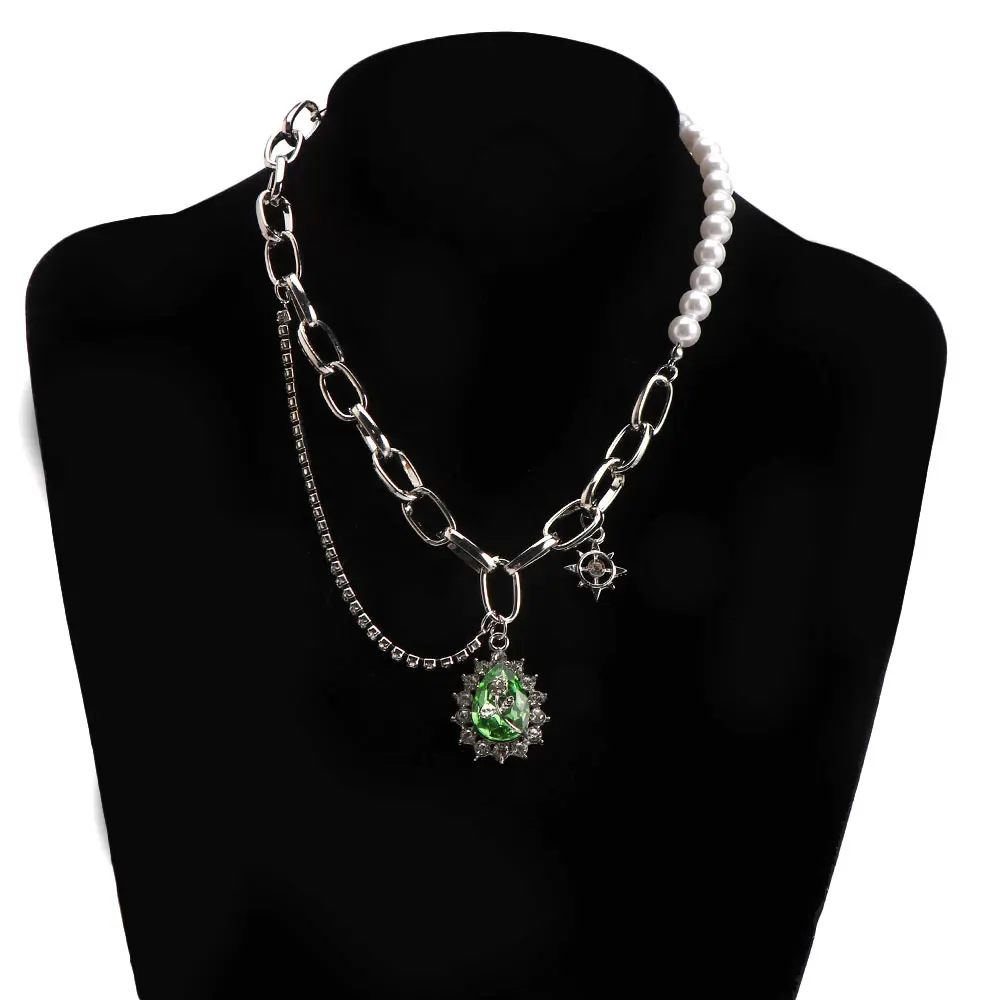 

Новинка 2021, модное ожерелье с подвеской с зеленым кристаллом и кисточкой, металлические цепочки с жемчугом, чокер для женщин и девушек, ювел...