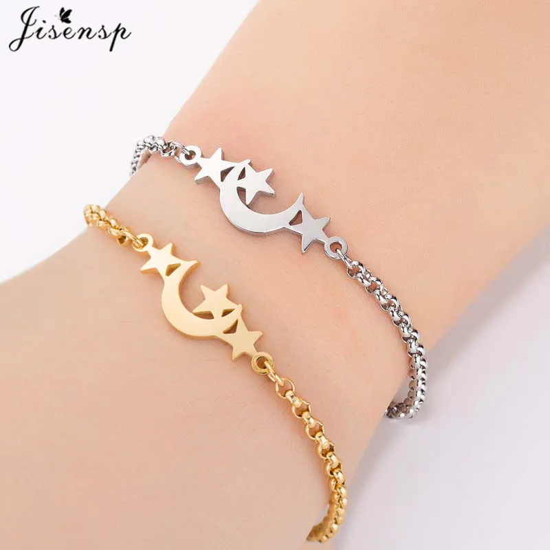 Jisensp Korean Style Moon and Stars Stainless Steel Bracelet Fashion Jewelry for Women Girls Delicate Star Luna Charm | Украшения и