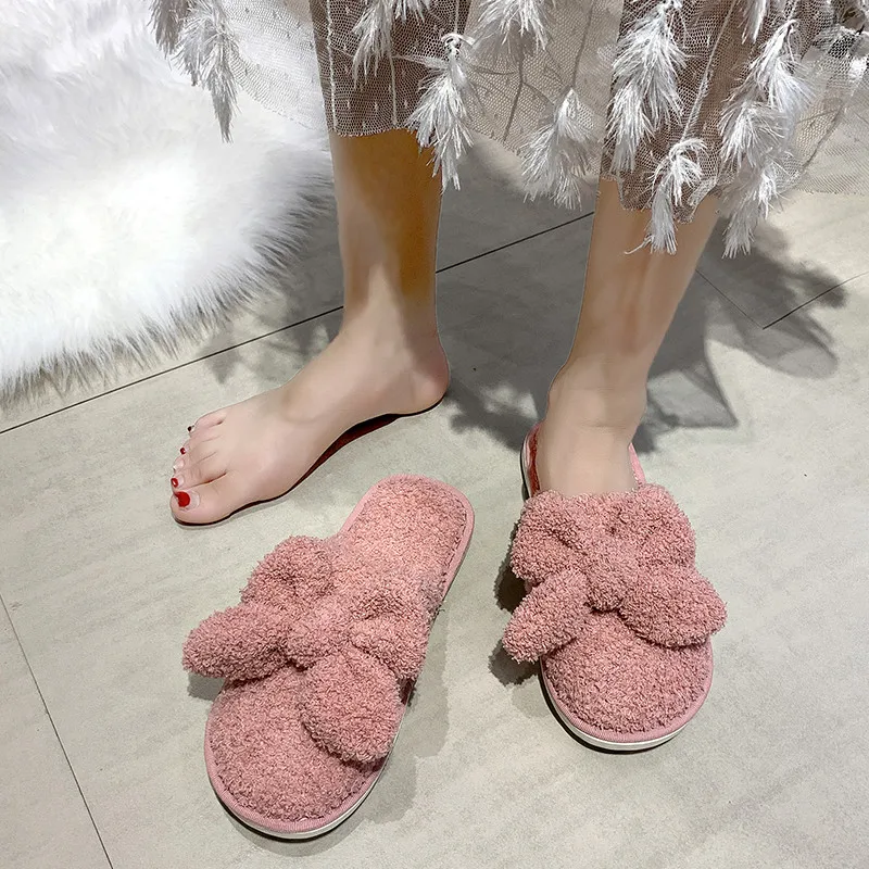 

Женские плюшевые шлепанцы на плоской подошве с бантом, размеры 36-41