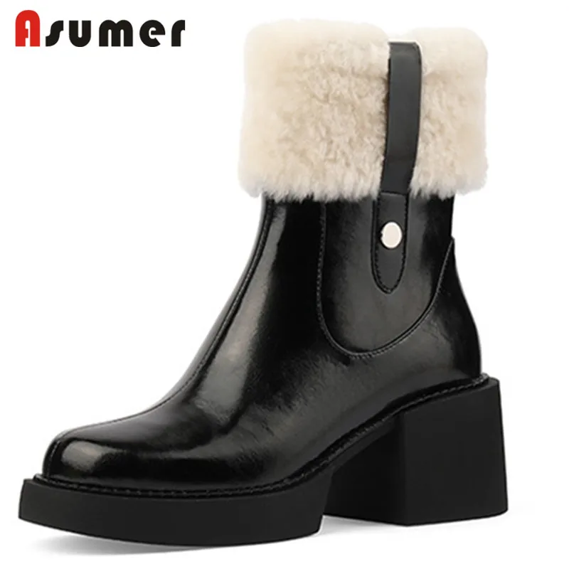 

ASUMER 2022 Black Thick Bottom Winter Boots Women Genuine Leather Shoes Zip Warm Fashion Snow Boots High Heels Ankle Boots Lady