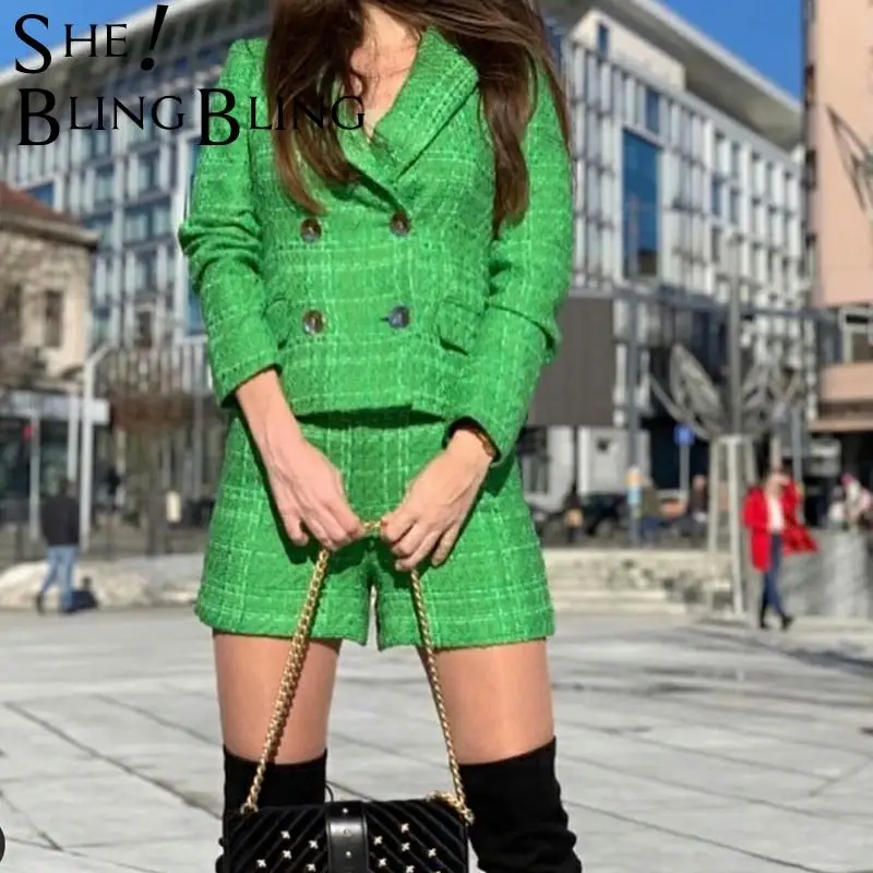 SheBlingBling 2021 Za женский простой зеленый твидовый приталенный комплект из 2 предметов