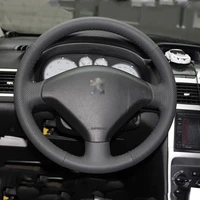 lunda black leather hand stitched car steering wheel cover for peugeot 307