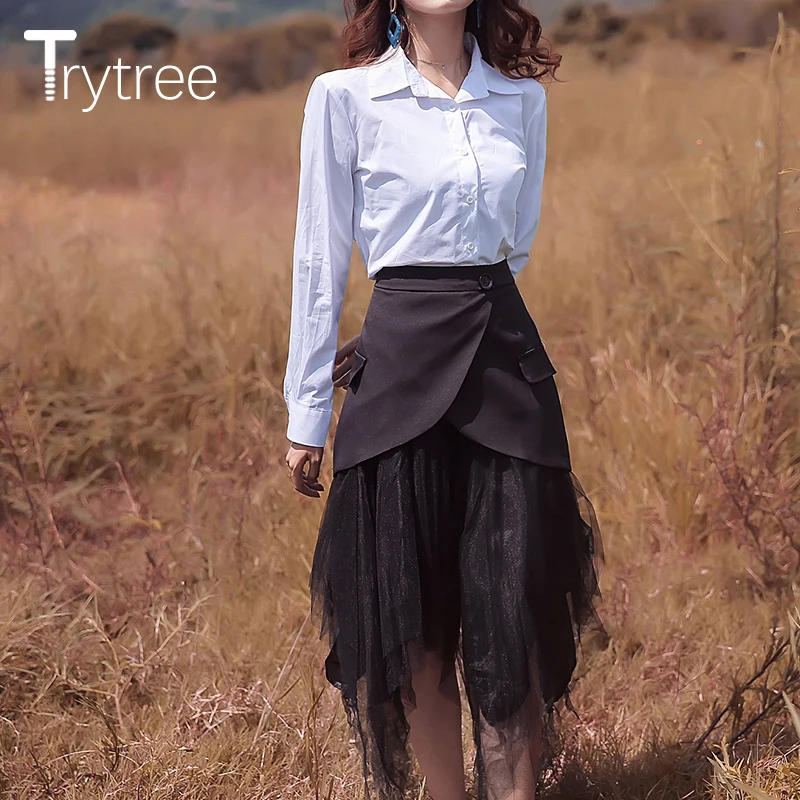 Trytree/осенний женский костюм из двух предметов однобортная Блузка + юбка Лоскутная