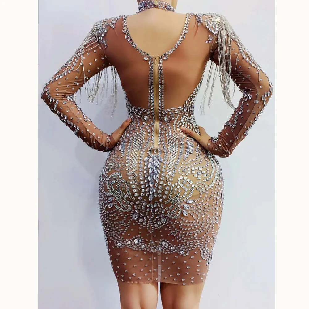 

Mesh Perspective Rhinestone Tassel Women Stage Luxury Costumes Shinny Long Sleeve Women Mini Dress Nightclub Party Women Outfits