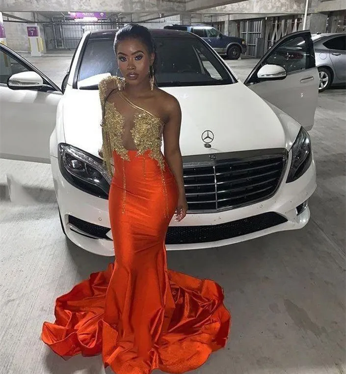 

2022 Orange Mermaid Prom Dresses Long One Shoulder See Through Lace Appliques Formal Dress Black Girls Party Evening Gowns