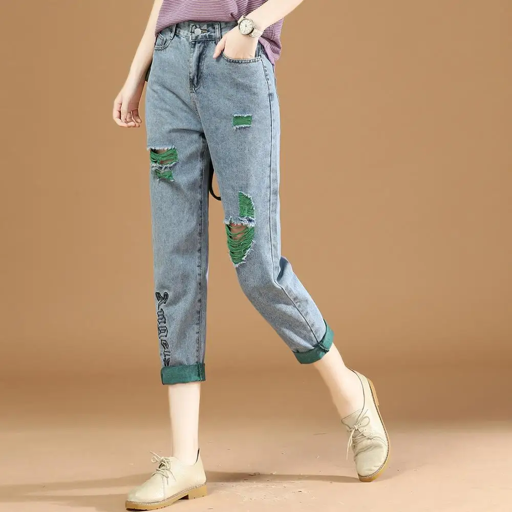 

New jeans women autumn loose elastic waist straight Harlan pants woman 9 pants Hole letter printting leisure femme jeans