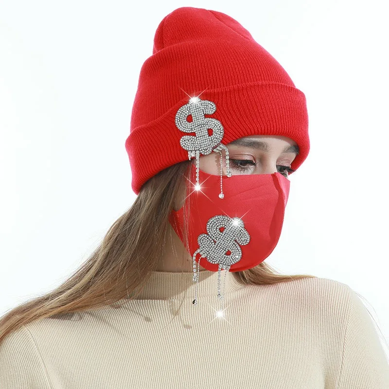 

Шапка и маска в комплекте, модные зимние вязаные шапки с кристаллами и бриллиантами, плотные теплые шапки с маской-бабочкой, женские Лыжные ...