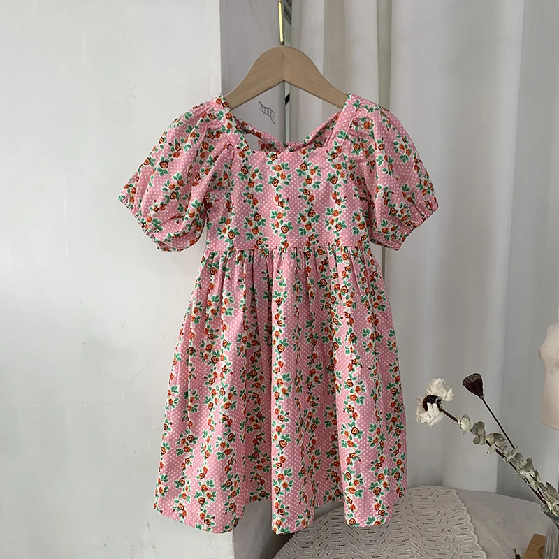 

2021 New Kids Fashion Girls Summer Floral Dresses Flowers Casual Costumes Bowtie Dress Children Party Vestidos Sweet Suit