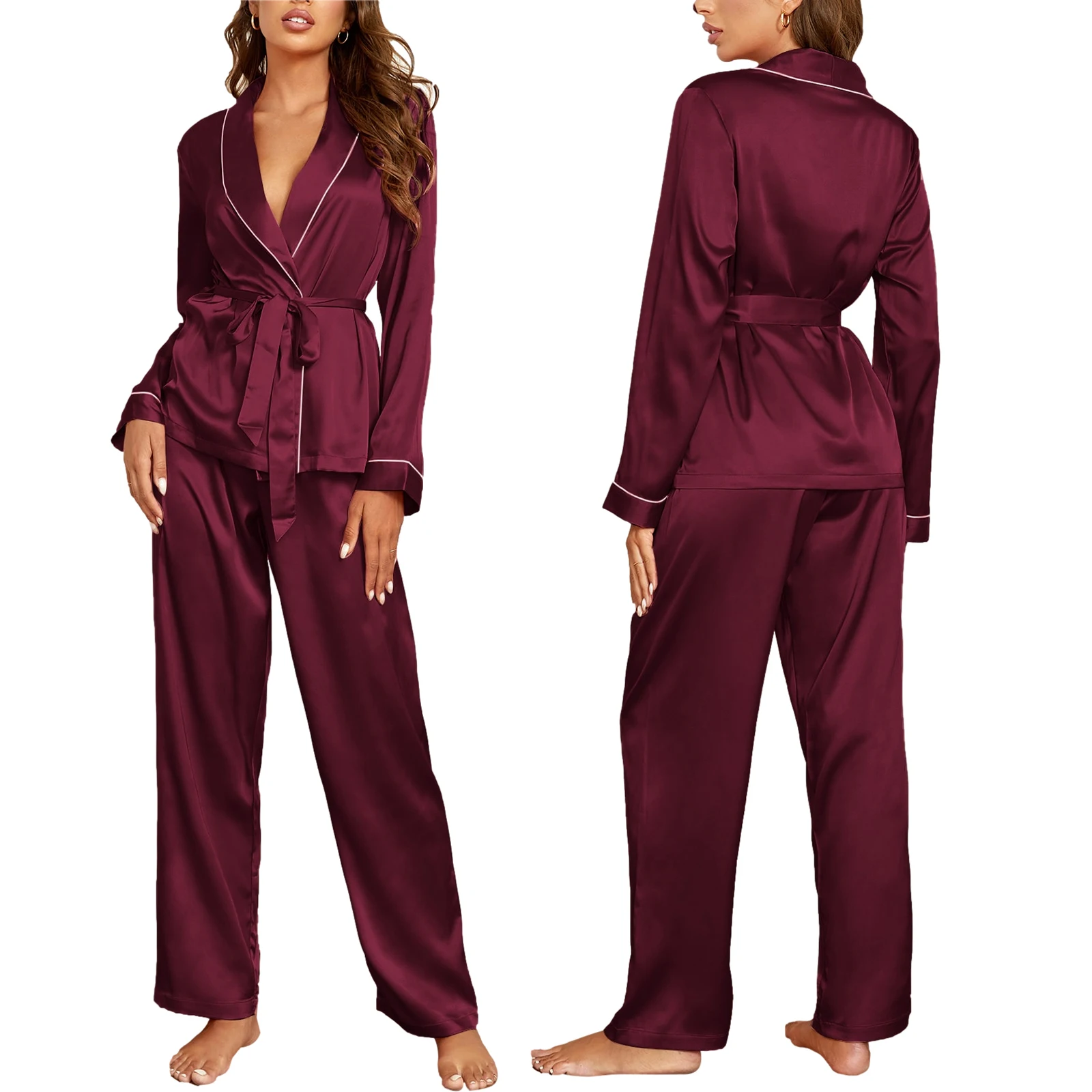 

Women Sleeping Shirt, Silk Pants, Long Sleeve Lapel Buttons Straight Loose Home Spring Fall Pajamas