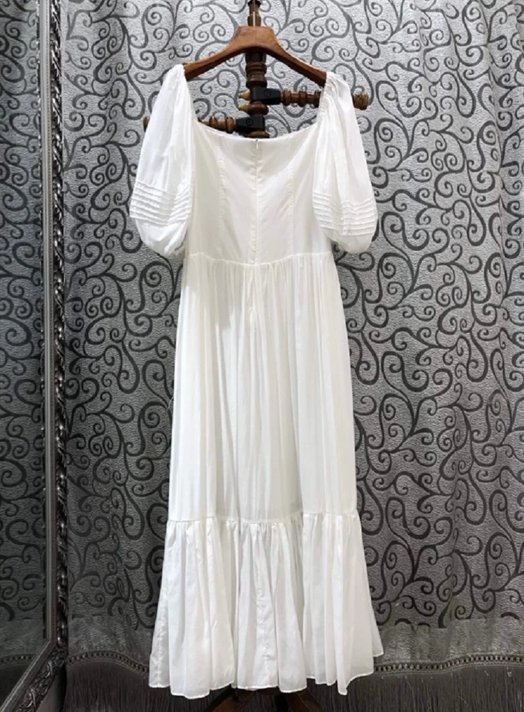 

Long Dress White 2021 Summer Casual Party Women Sexy Square Collar Tunic Buttons Deco Puff Sleeve Elegant Long Maxi Dress Beach